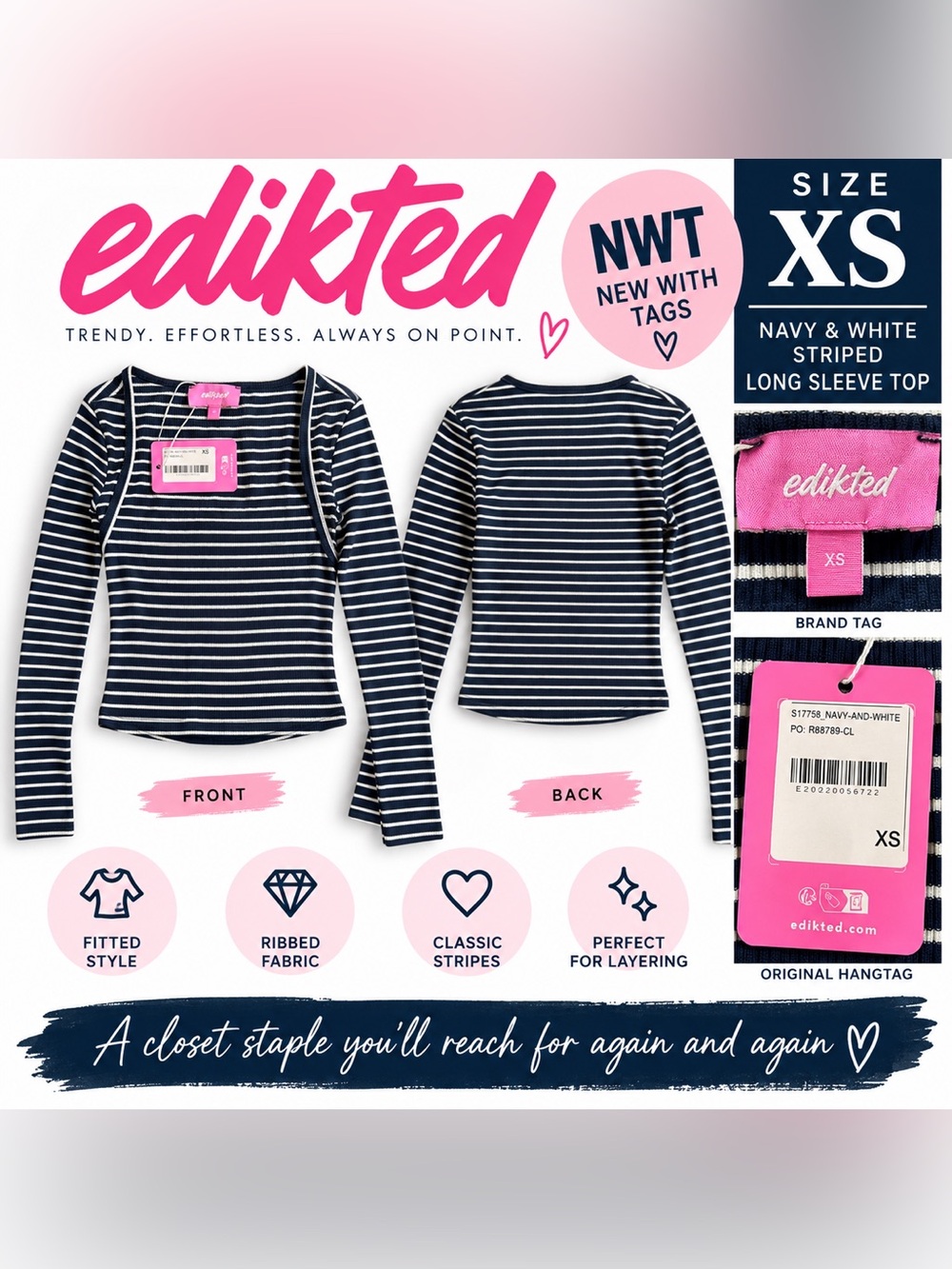 Edikted Navy White Striped Long Sleeve Top XS NWT